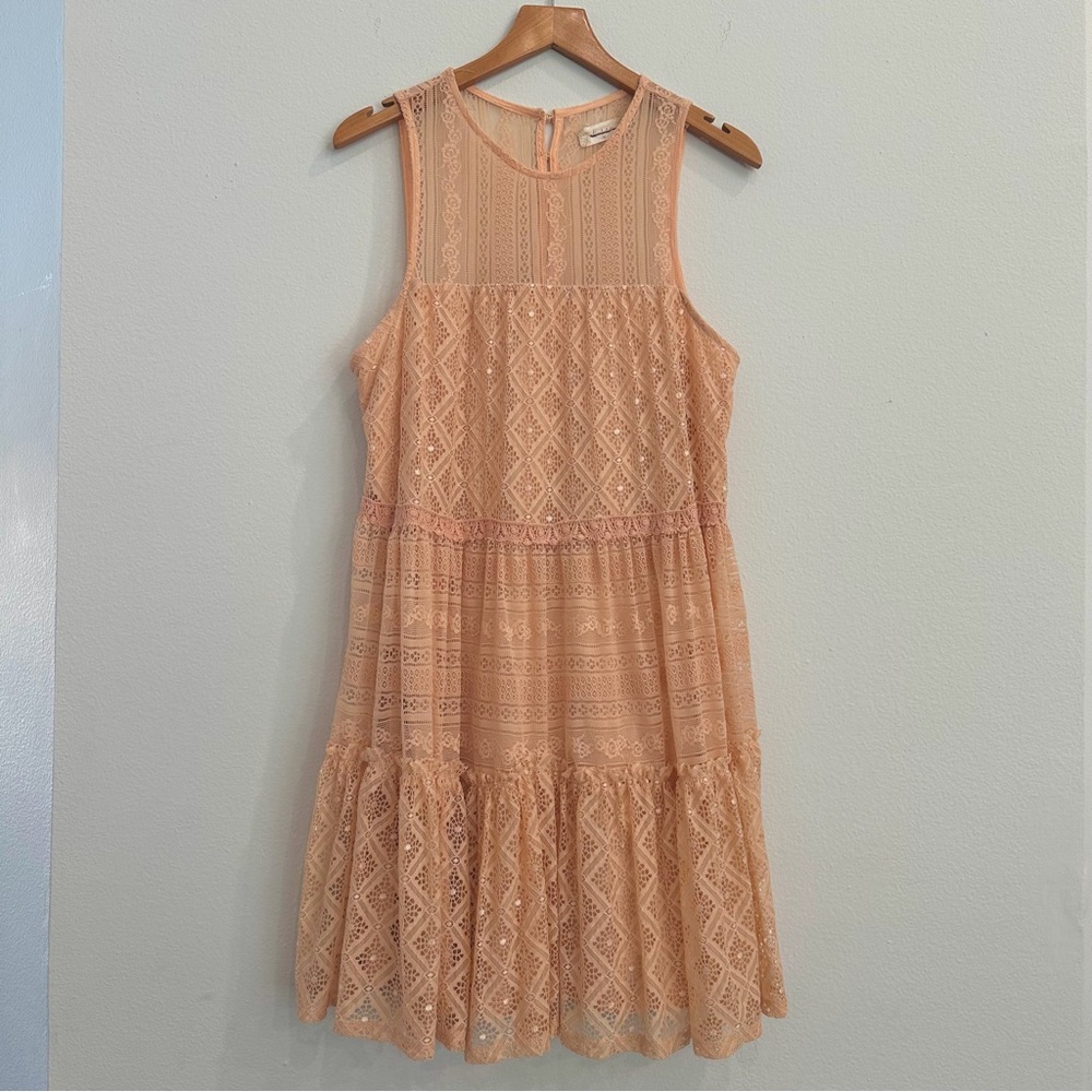 Altar’d State Lace Ruffle Boho Prairie Mini Dress Peach Size M